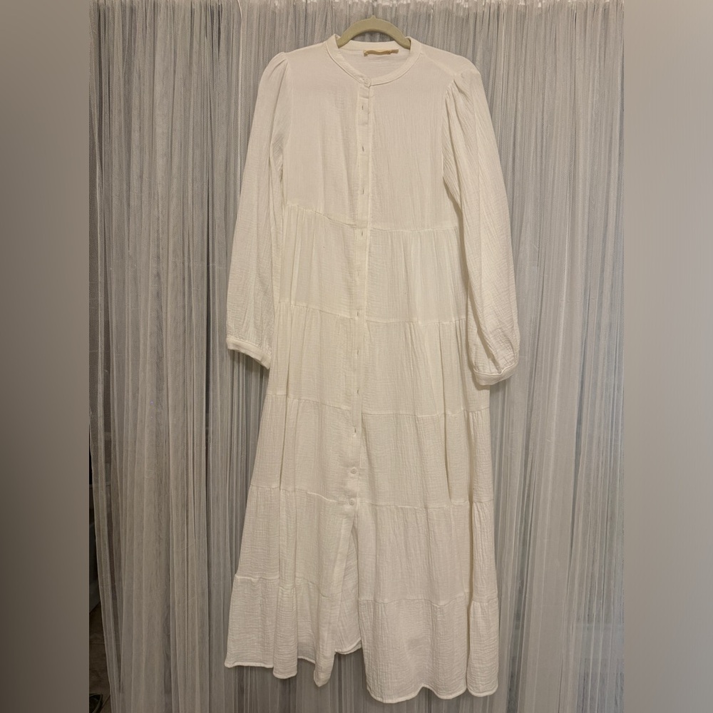 Leia In Co White Tiered Maxi Dress | Linen-Like Texture | Size S | Color: White